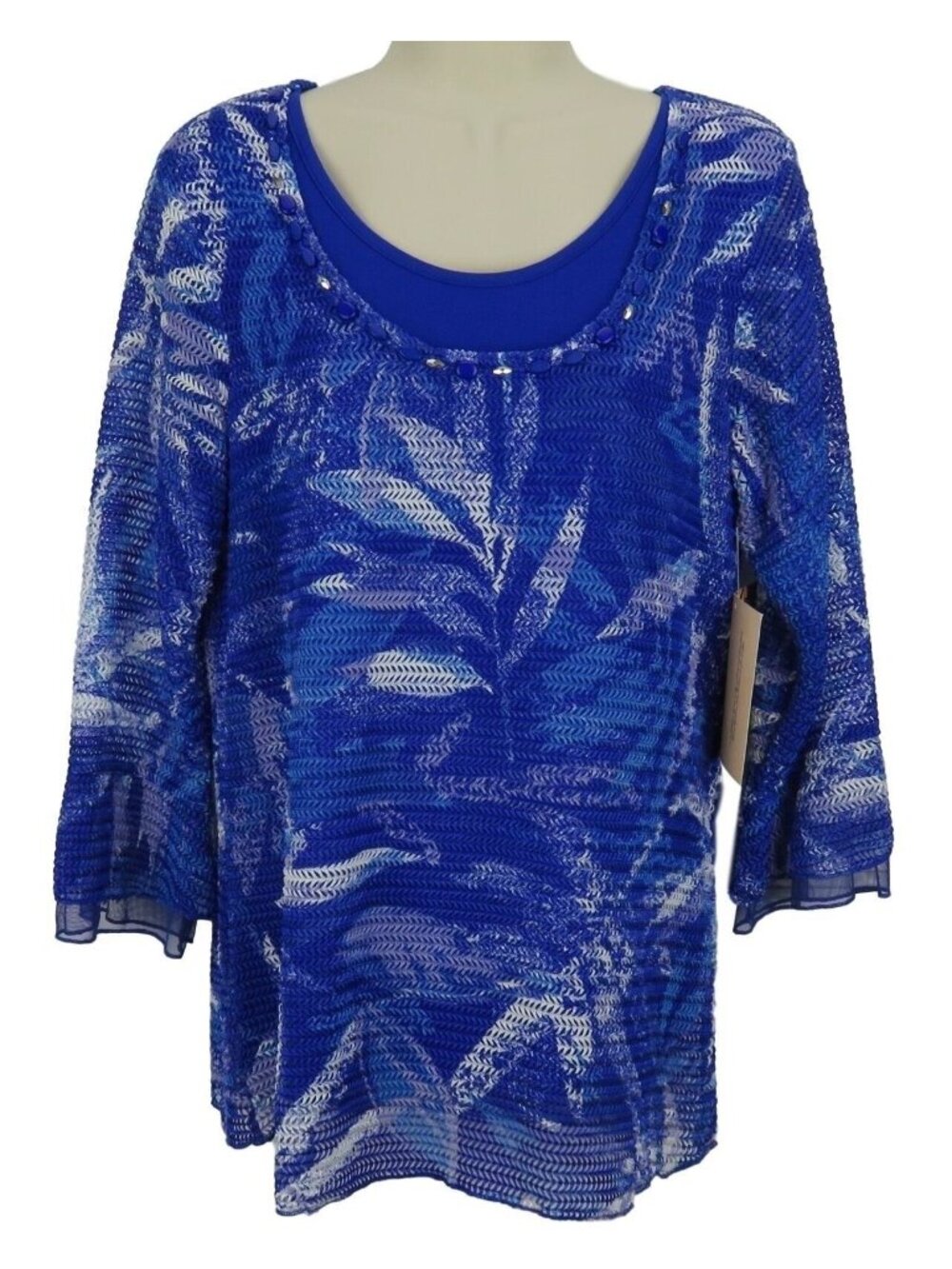 Multiples Top Womens Size Small Blue Beaded Scoop Neck 3/4 Sleeve Layered Mesh